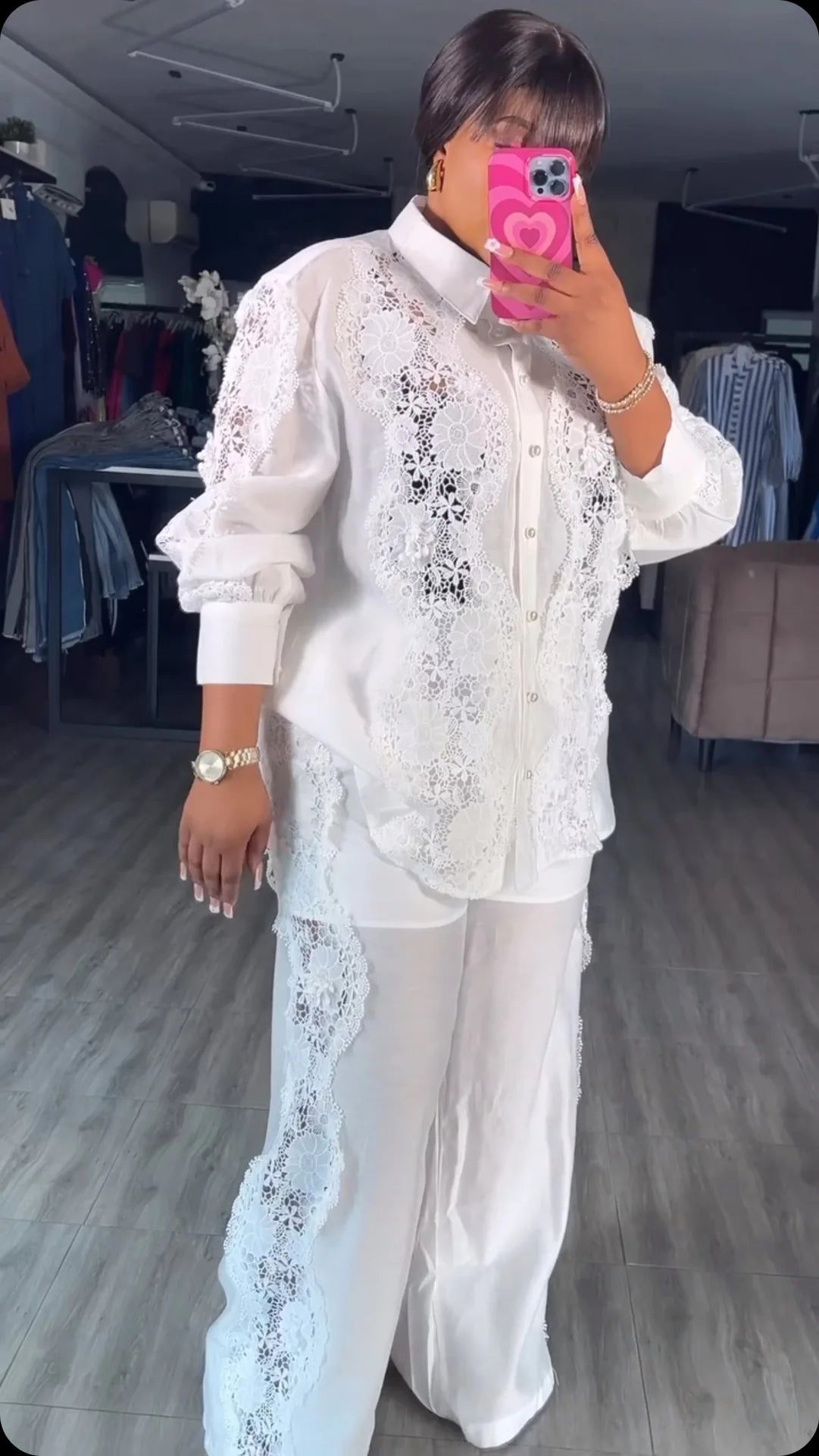 CM.YAYA Fashion Lace Embroidery Patchwork Women's Set Long Sleeve Shirt and Wide Leg Pants 2025 Vacation Two 2 Piece Sets Outfit