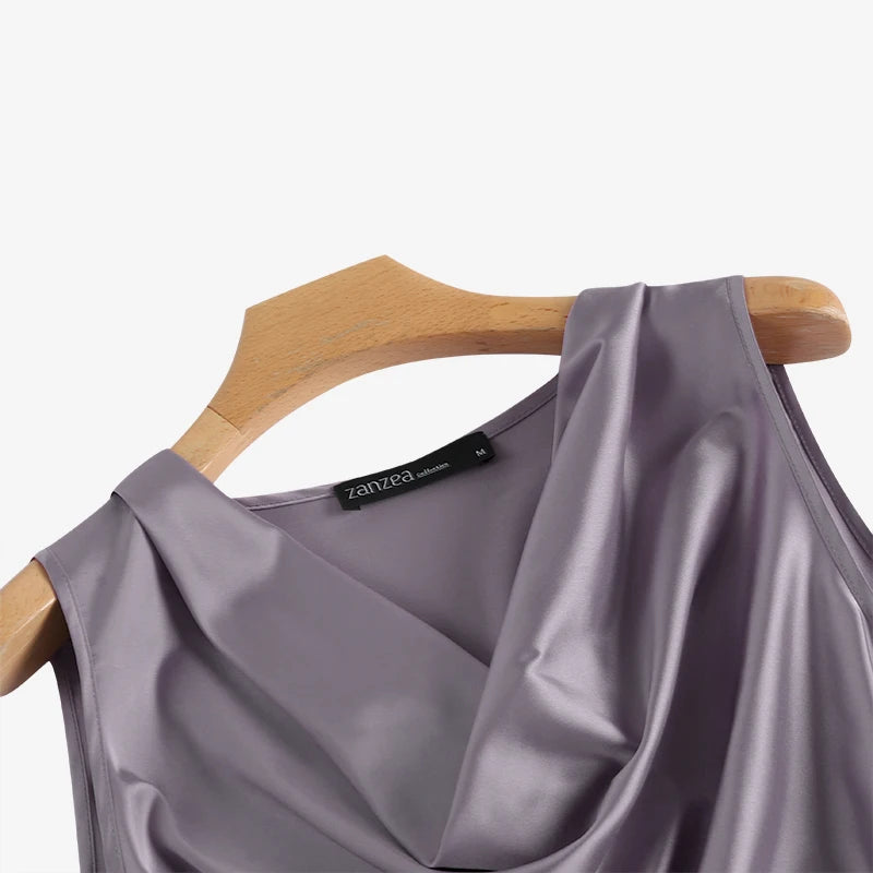 ZANZEA Women Satin Tank Tops Elegant Cowl Neck Sleeveless Blouse Korean Fashion Silk Solid Color Tanks Office Lady Sexy Camisole