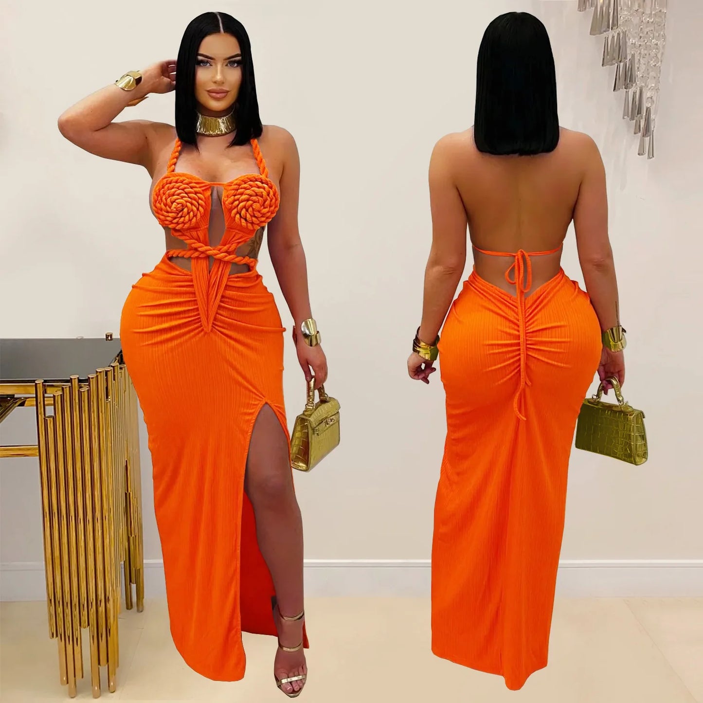 Joskaa Women's 2025 Summer Knit Halter Dress Sexy Hollow Backless Slit Bodycon Maxi Dresses Holiday Party Club Beachwear S-XXL