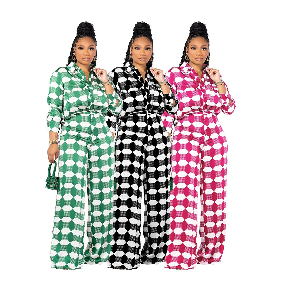 Two Pieces Shirt Sets Women Casual Matching Suits Geometric Print Loose Long Sleeves Wide Leg Pants Elegant Office Lady Autumn