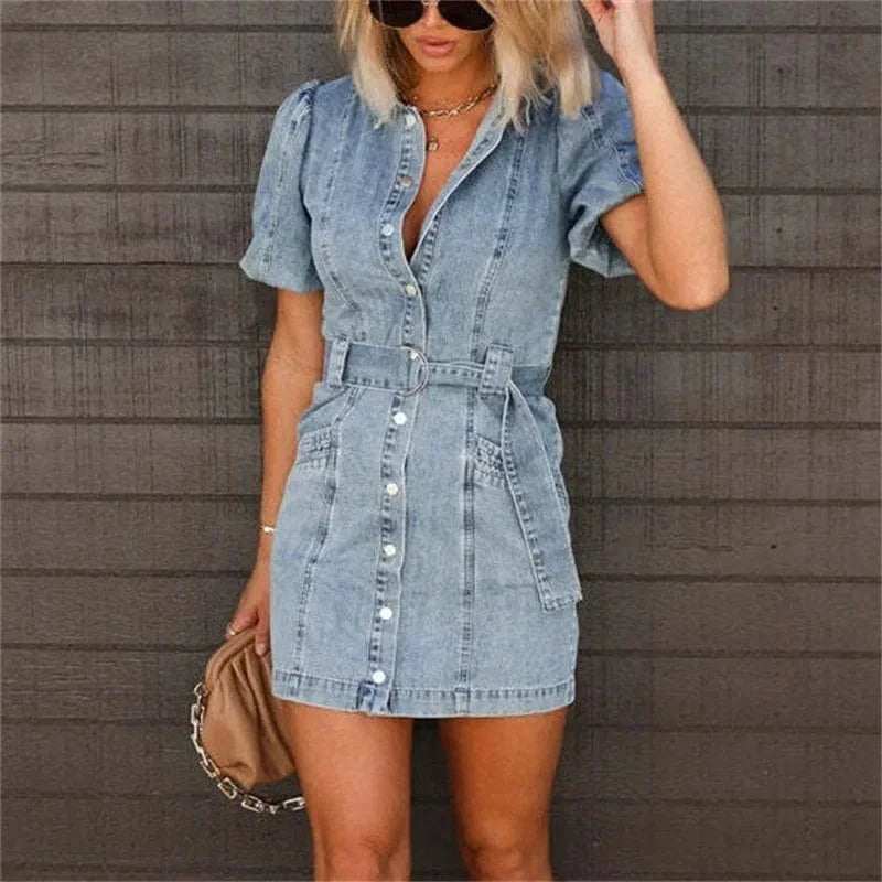 High Waist Lace-up Double Pocket Women Denim Dresses Lapel Single-breasted Cardigan Dress Female Trend Streetwear Commuter Gown