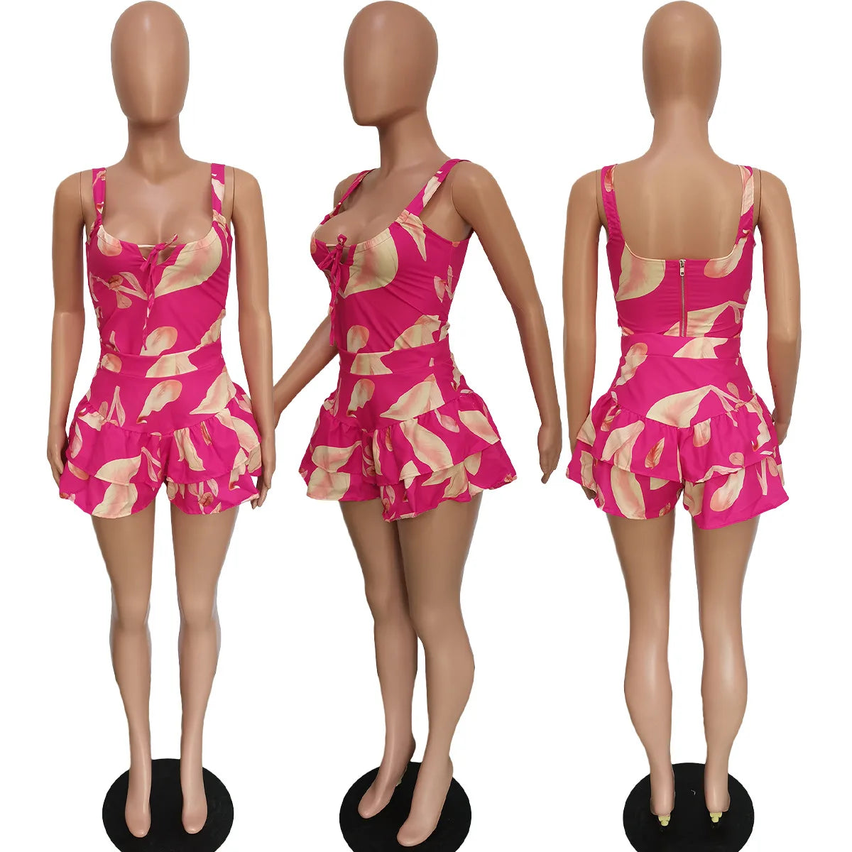 CM.YAYA Elegant Beach Printed Women's Set 2022 Summer Sleeveless Ruffles Hem Tank Crop Tops Shorts Matching Two 2 Piece Set