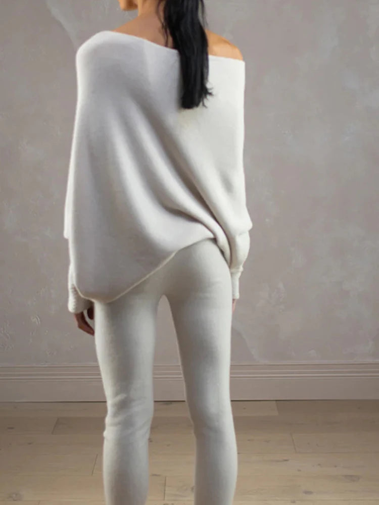 Women's Ribbed Knit Jumper Set Casual Bat Sleeve round Neck Simple Versatile Autumn Winter Knitwear 2024 New Headwear Included