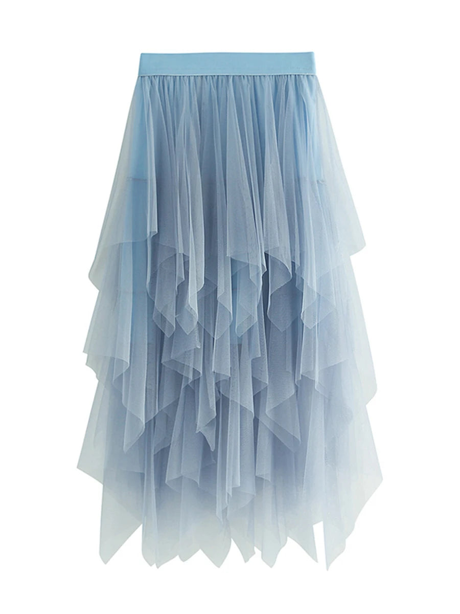 Women Tutu Tulle Skirt Elegant High Waist Mesh Tiered Layered Half Skirt Female Prom Party Midi Skirt for Summer Fairycore Y2K