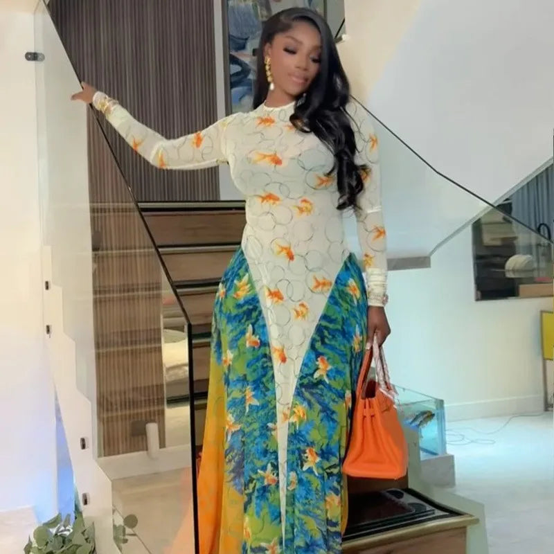 Joskaa 2025 Women's Print Patchwork A-Line Dress Sexy Sheer Mesh O-Neck Long Sleeve Belted Waist Skinny Vestidos Y2K Streetwear