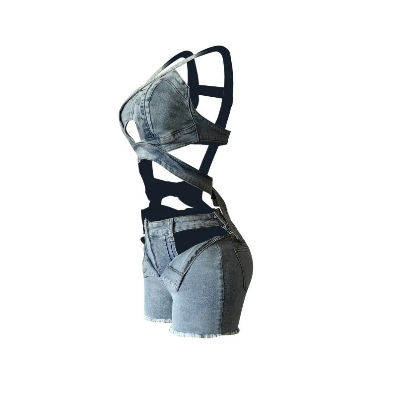 CM.YAYA Sexy Holiday Denim Women's Set Halter Neck Crop Tops and Ripped Out Shorts Jeans 2025 Summer Two 2 Piece Sets Outfit
