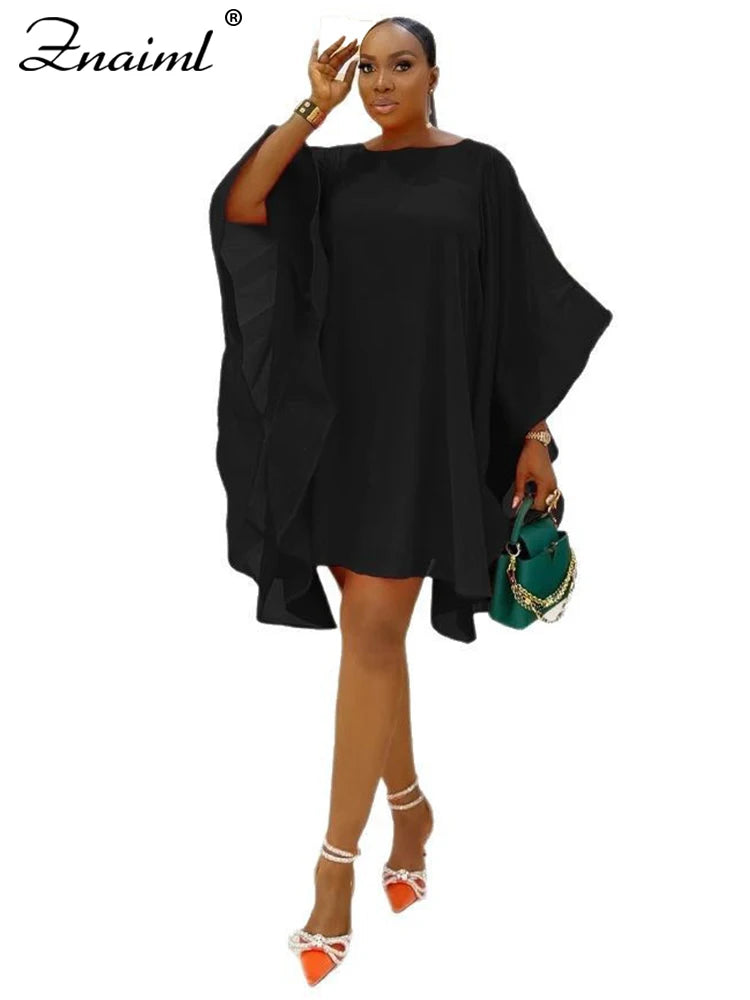 Znaiml Elegant African Party Cloak Mini Dress Women Fashion O Neck Batwing Sleeves Cape Loose Dresses Summer Birthday Clubwear