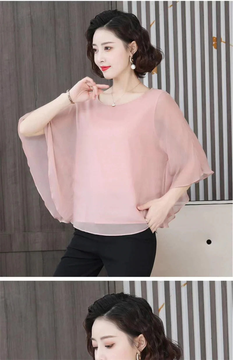 4XL Bat Shirt Summer Women's Loose T-shirt Small Shirt 2025 Spring/Summer Large Wrinkle Resistant And Elegant chiffon Top Green
