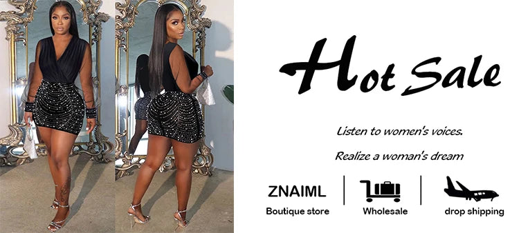 Znaiml Sexy Sheer Mesh Patchwork Rhinestone Bodycon Black Mini Dress Women's Long Sleeve Skinny Birthday Evening Party Dresses