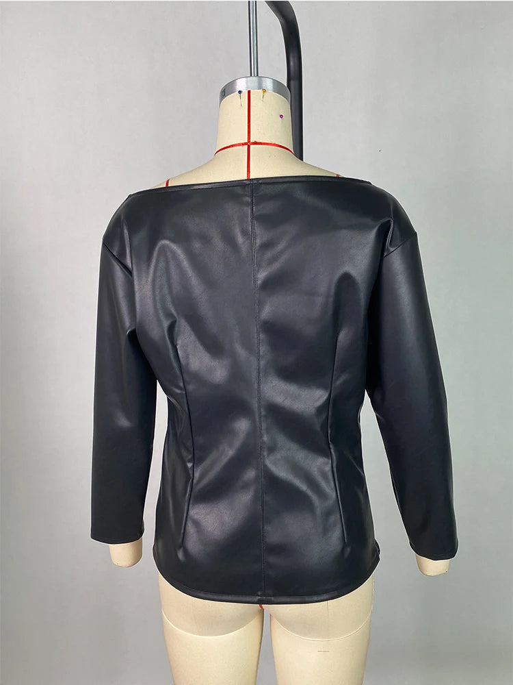 Women PU Leather Round Neck Long Sleeve Blouse Tops Pullover Loose PU Clothes Streetwear Windproof Motorcycle Clothing