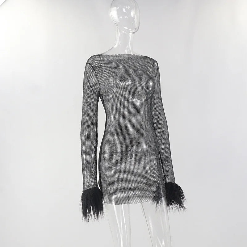 See Through Mesh Mini Dress Women Autumn Black Long Sleeves O-Neck Bodycon Elegant Sexy Dress Club Partywear Fashion Streetwear