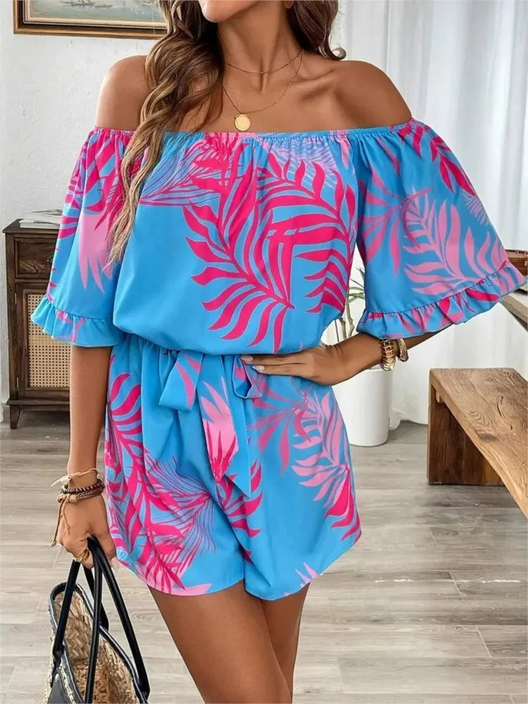 One-Shoulder Printed Short-Sleeve Lace-Up Waist Jumpsuit for Women