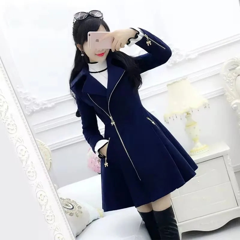 2025 Autumn Winter Clothing Deep Blue Zippered Long Sleeved Woolen Coat Jacket Women, Medium Length Slim Fit Thickened