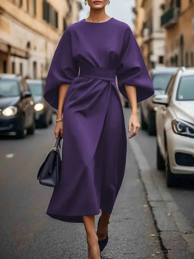 Beautyblue Long Dress for Women Fashion Summer Elegant Dresses 2025 New Round-Neck Puff Sleeves Pleated Party Evening Dress