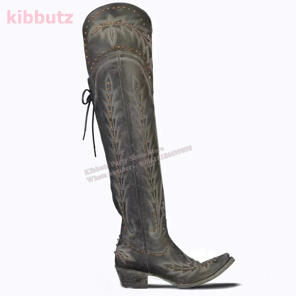 Rivet Cowboy Vintage Boots Over The Knee High Embroidery Lace-Up Luxury Leather Pointed Toe Chunky Heels Fashion Concise Shoes