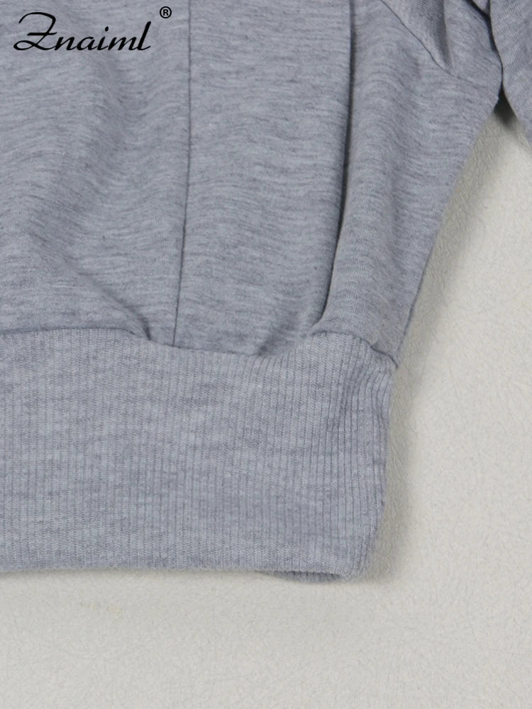 Znaiml Gray Outfit Women Sport Two 2 Piece Winter Sweatshirt Hoodies Tops and Wide Leg Pants Tracksuit Streetwear Sportsuit 2025
