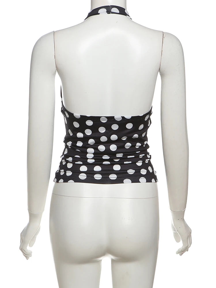 Weird Puss Polka Dot Print Tank Top Women Y2K Halter Swing Collar Backless Skinny Hottie Summer Midnight Street Basic Wild Vest