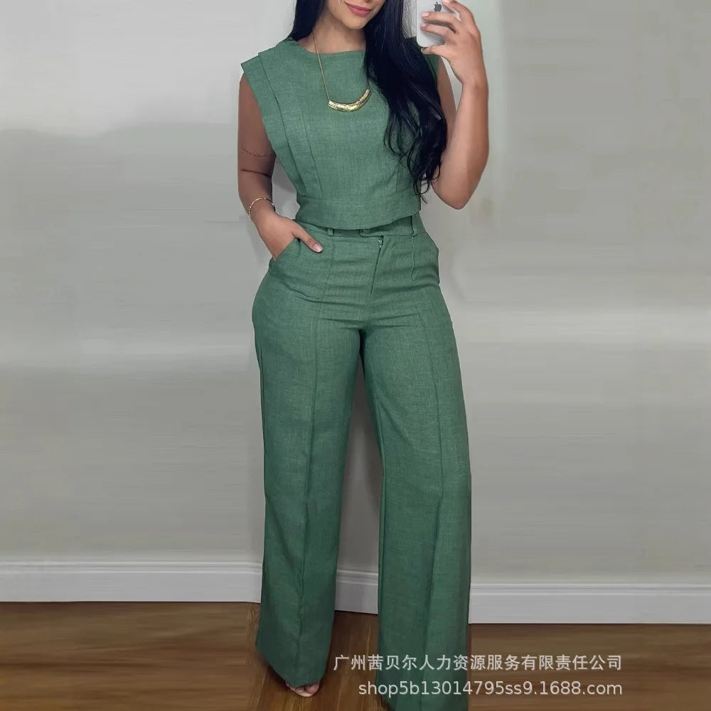 Two Piece Sets Women Pant Set Matching Sets Vest Short Tops High Waist Wide Leg Long Pants Casual Work Elegant Y2k Streetwear