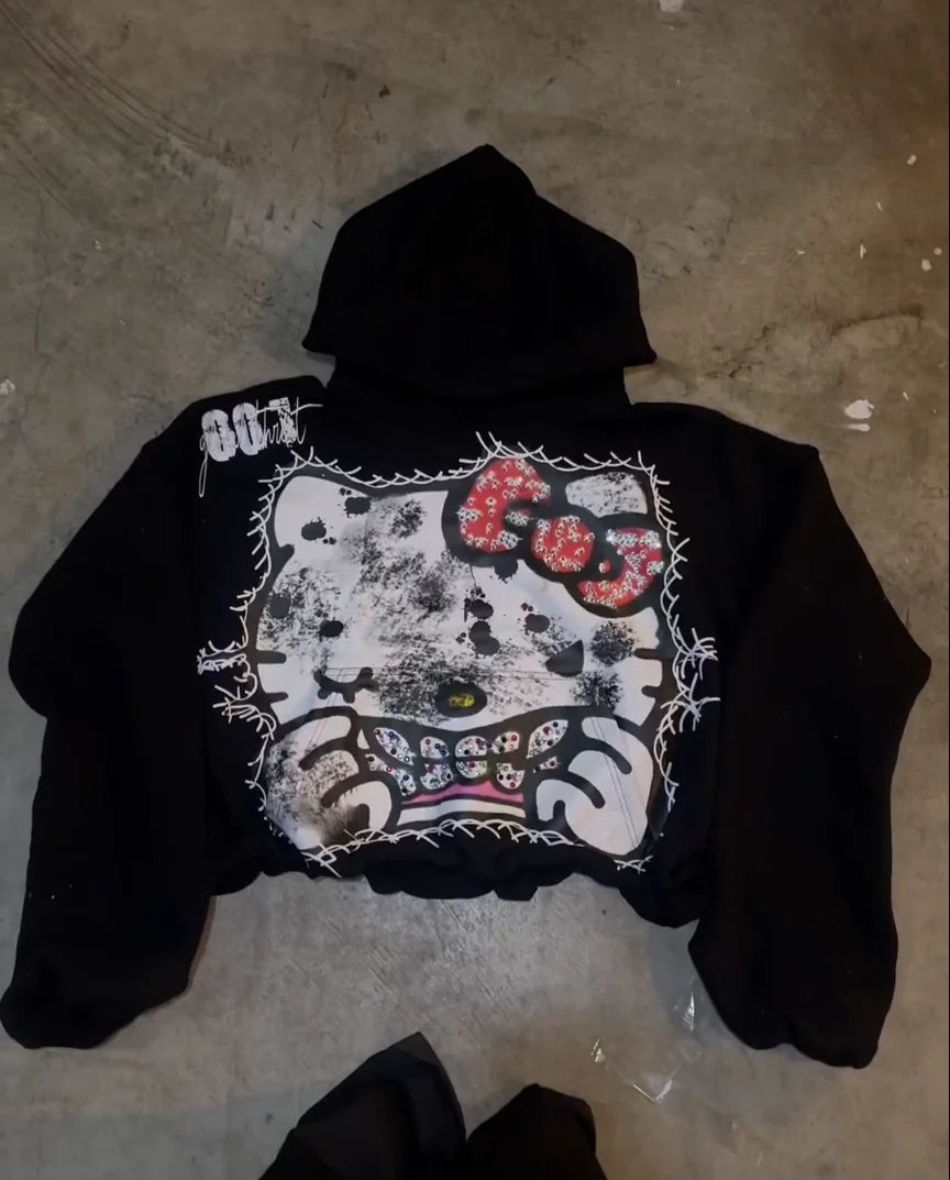 Retro Street Erchuang Art High-profile Anime Character Print Drawstring Hem Vintage Hoodie Men Shopping Fashion Couple Clothing