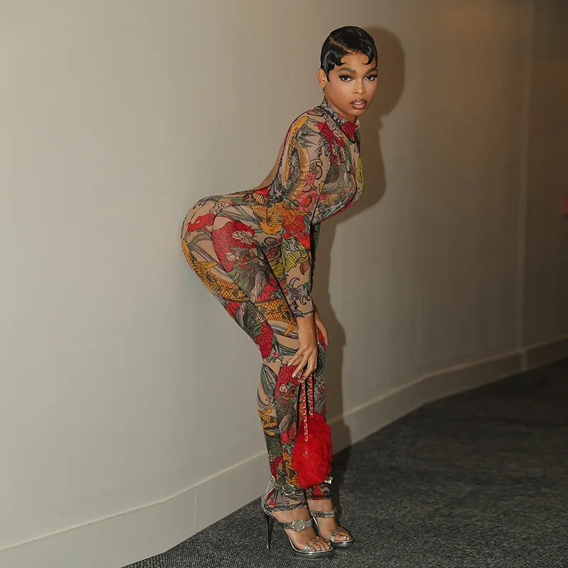 Joskaa Colorful Print Mesh Backless Jumpsuit Women Sexy See Through Full Sleeve Skinny Overalls 2025 Coquette Midnight Clubwear