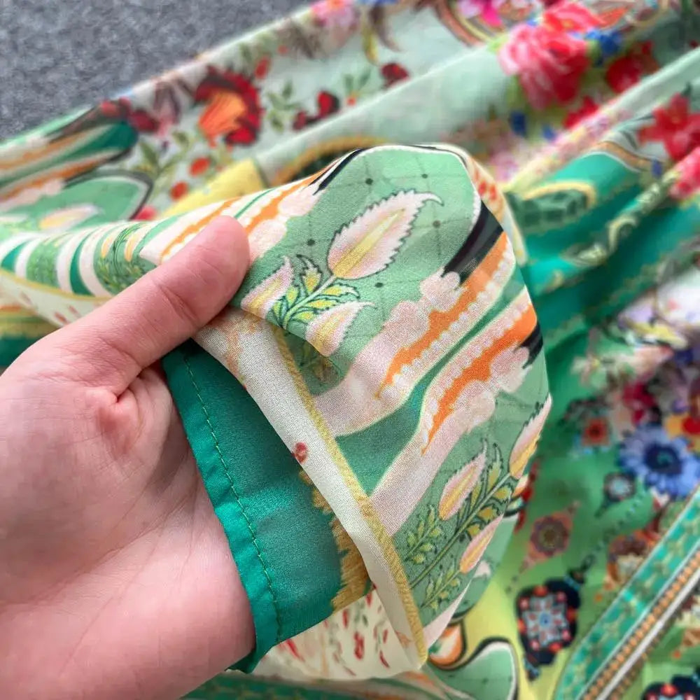 Women's Turtleneck Lantern Sleeve Single Breasted Flower Print Maxi Dress Autumn Bohemian Chiffon Green Belt Holiday Vestidos
