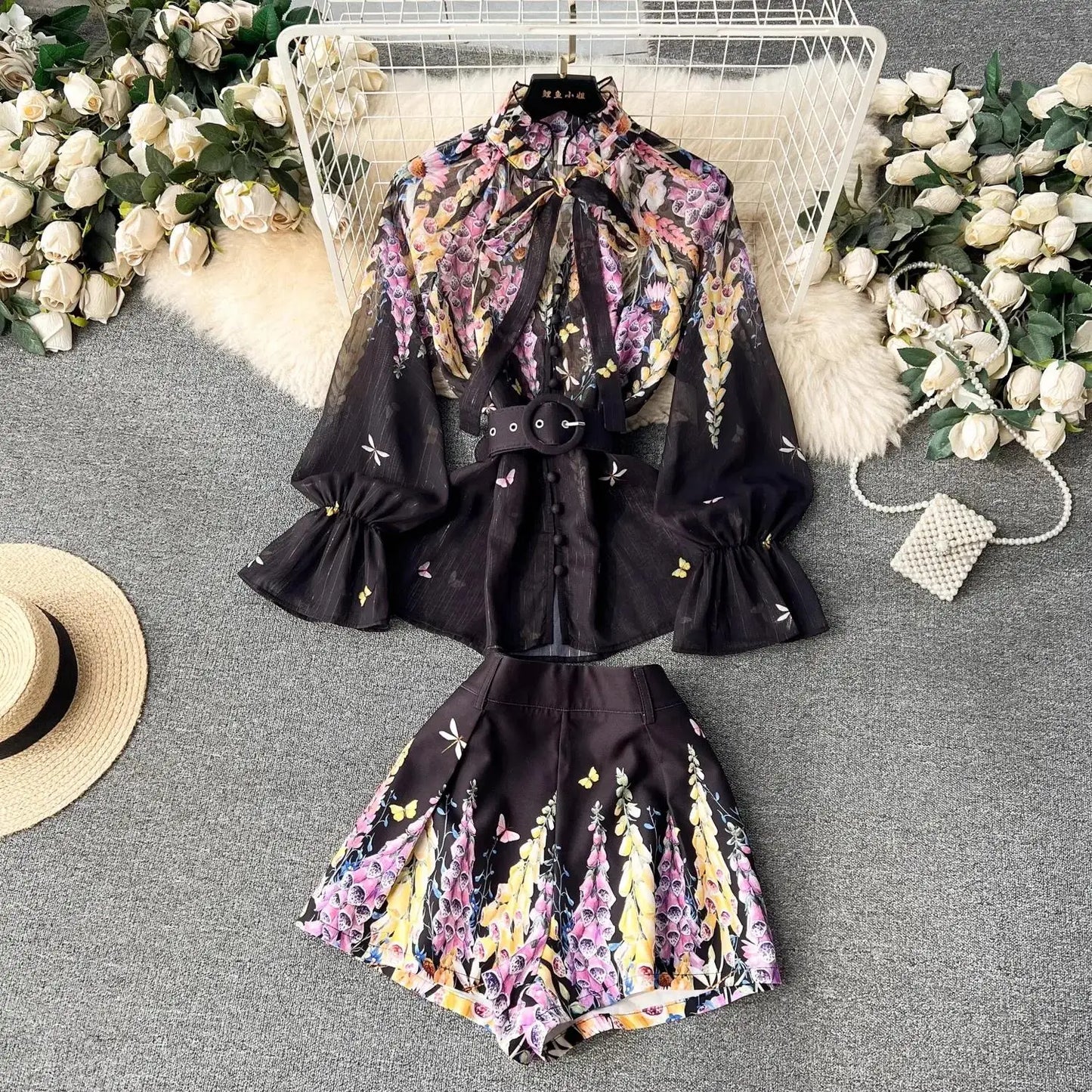 Women's Outfits Bright Silk Chiffon Shirt Blouse Top + Belt Shorts Two Piece Sets Summer Holidays Lavender Flower Shorts Suit