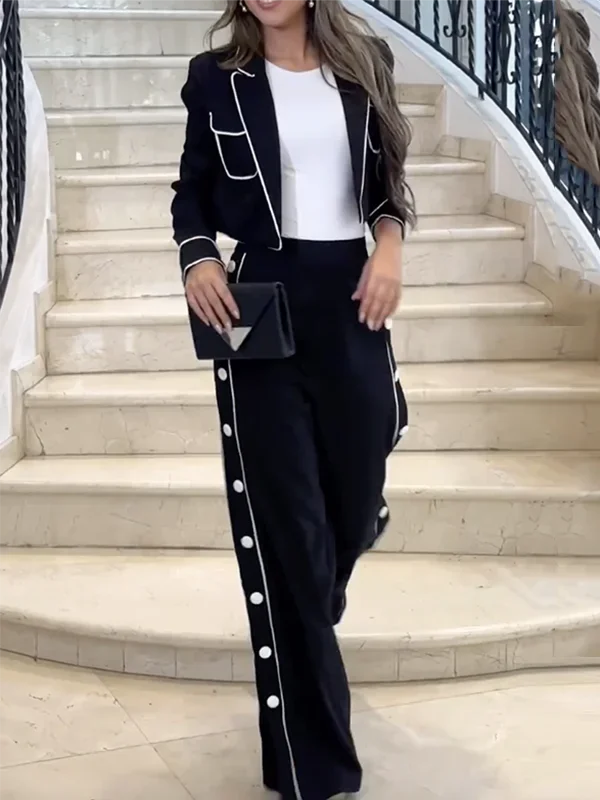 Beautyblue Black Pant Set Women's Blazer&Pants New Fashion High Waist Loose Buttoned Pocket Lapel Two-piece Set Office Commute