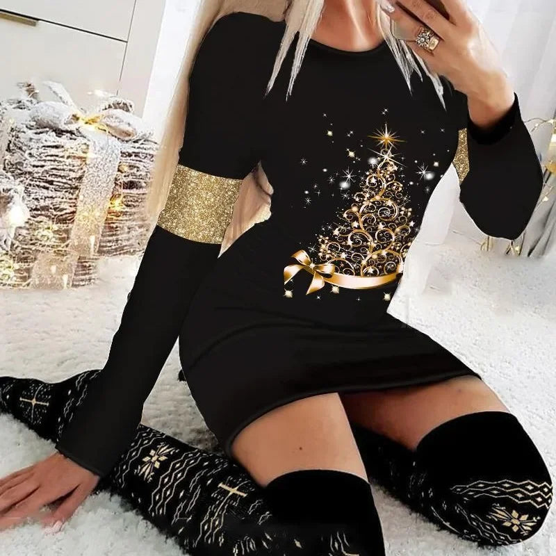 Christmas Dresses Women and Fall New Long Sleeved Printed Short Dress Fashionable Versatile Base Skirt for Female 2024 Summer