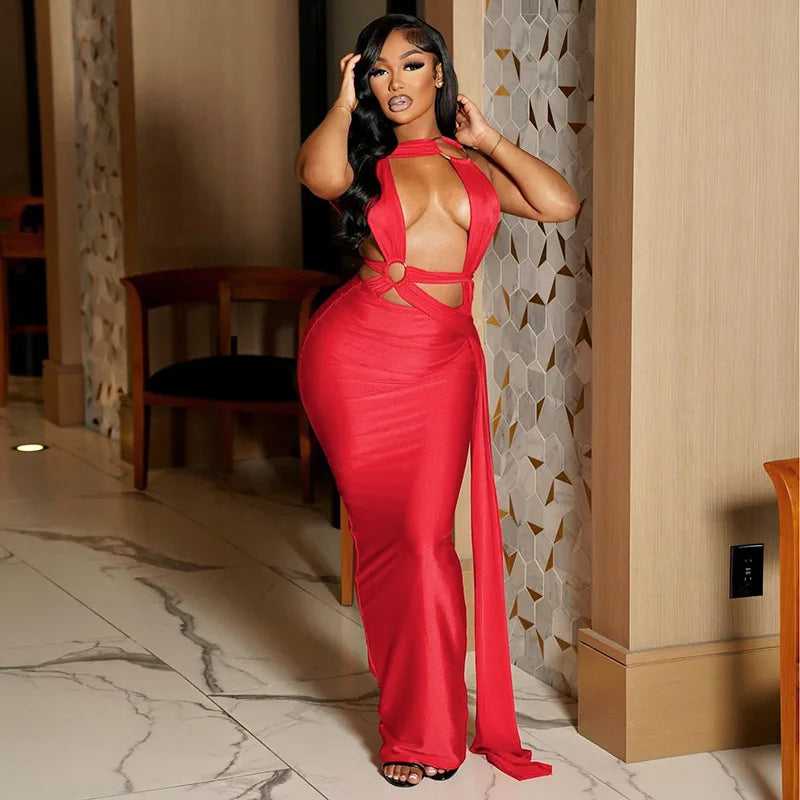 GLCMYAYA Women Sleeveless Roll Splicing Cutout Bodycon Midi Maxi Long Dress 2025 Summer Vacation Holiday Sexy Club Party Dresses
