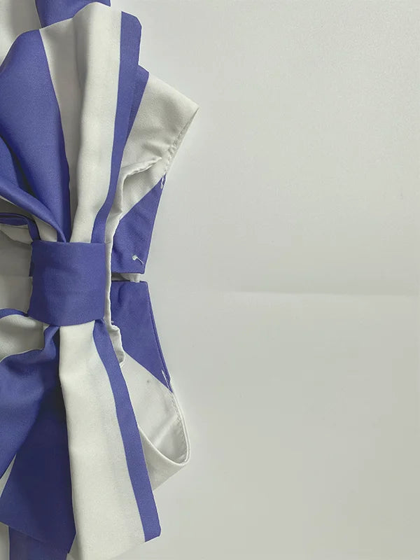 Beautyblue Blue Striped Shirts for Women Commuter Blouses 2025 Elegant Loose Bow Tie Puff Sleeves Bowknot High Neck Female Tops