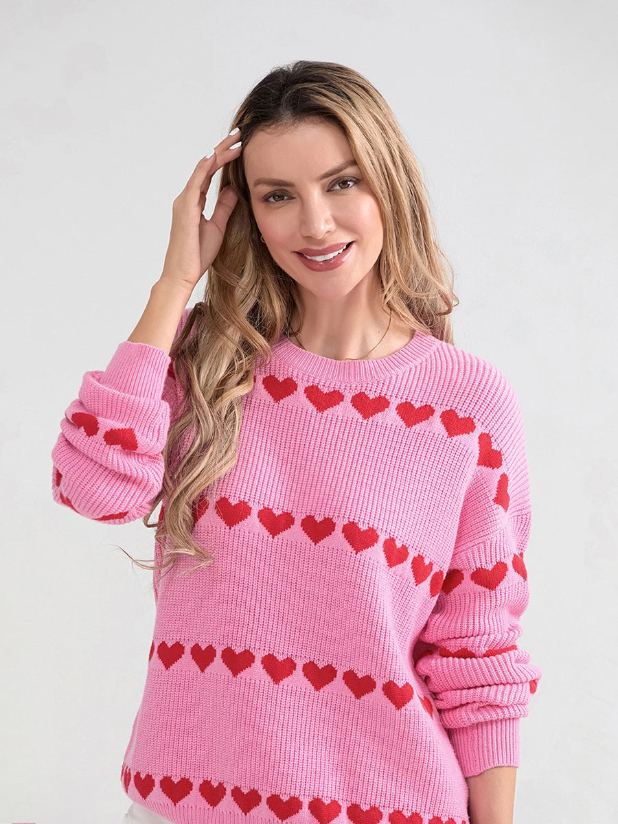 Women Valentine's Day Knit Sweater Heart Print Long Sleeve Round Neck Pullovers Fall Winter Casual Loose Knitted Jumpers Tops