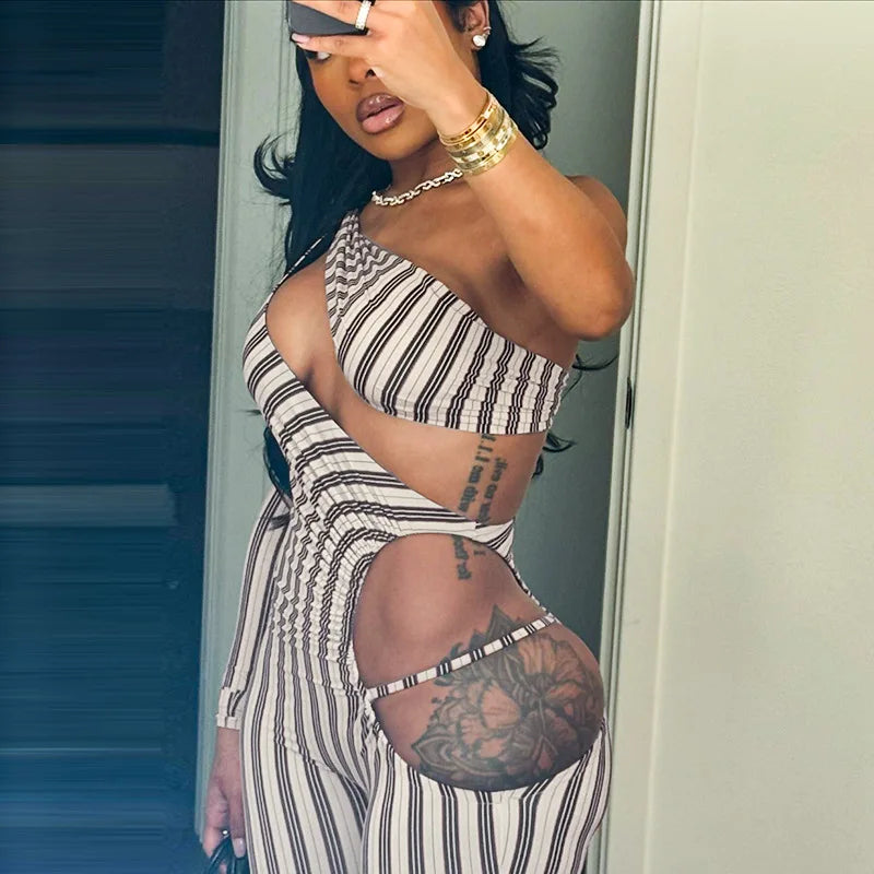 Joskaa Striped Print Cutout Jumpsuits Women Hipster Sexy Oblique Shoulder Backless Skinny One Piece Rompers Midnight Clubwear