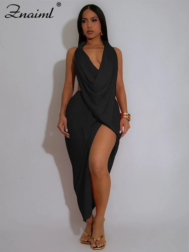Znaiml Sexy Sleeveless Backless Halter Side Split Deep V-Neck Bodycon Dress Elegant Women Birthday Midnight Party Club Vestidos