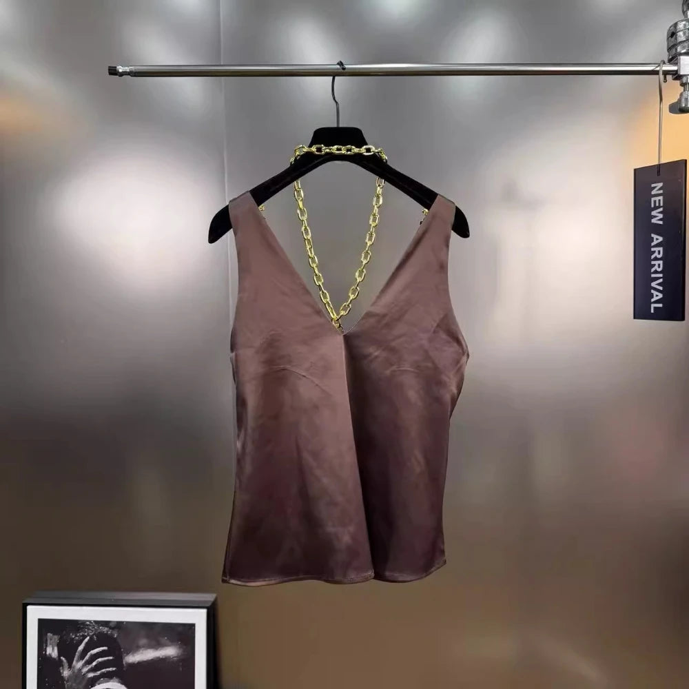 VGH Solid Color Spliced Metal Chain Basics Vest for Women V Neck Sleeveless American Streerwear Tank Tops Female Fashion Style