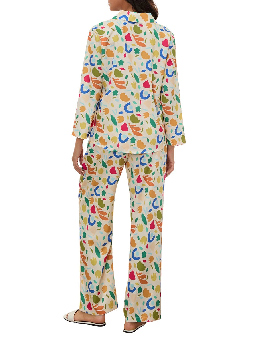 Women Pajamas Set 2 Pieces Loungewear Suits Fashion Print Button up Long Sleeve Tops and Elastic Pants Sleepwear Outfits Pjs