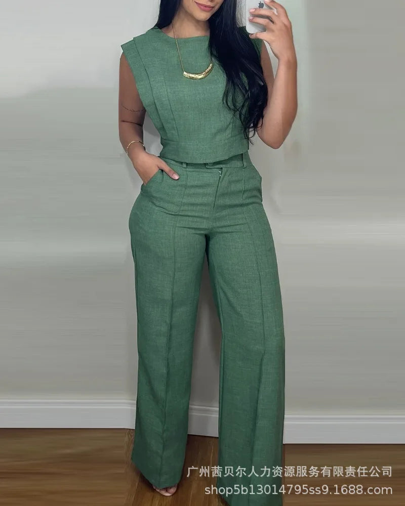 Two Piece Sets Women Pant Set Matching Sets Vest Short Tops High Waist Wide Leg Long Pants Casual Work Elegant Y2k Streetwear