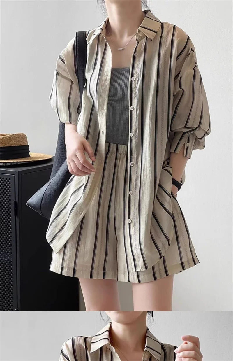 Striped Shirt Shorts And Suits Sun Protection cClothing Casual Sports Suit Women's Summer Fashion Shorts Two-Piece Set Female