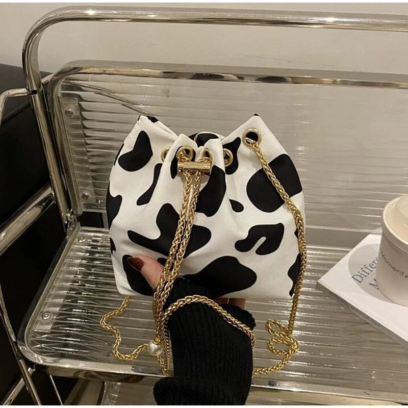 New Leopard Print Bag Fashion Cow Pattern Drawstring Bucket Bag Texture Brand Design Crossbody Bag Lady Versatile Storage Bag