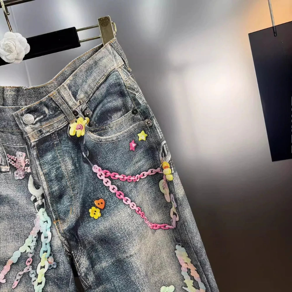 VGH Spliced Colorful Beading Chain Jeans for Women High Waist Patchwork Distressed American Retro Spring Trousers Female Style