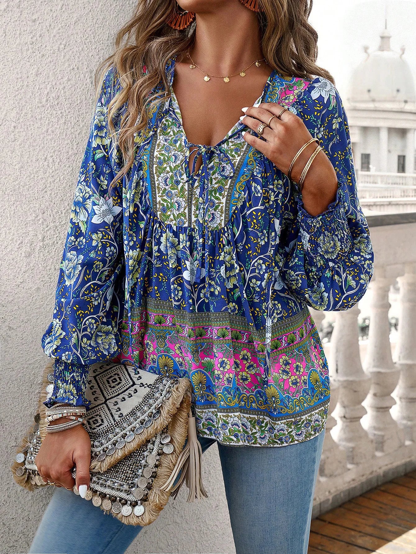 2025 Spring Summer Printed Shirt Women Elegant Chiffon V-neck Long-sleeve Top