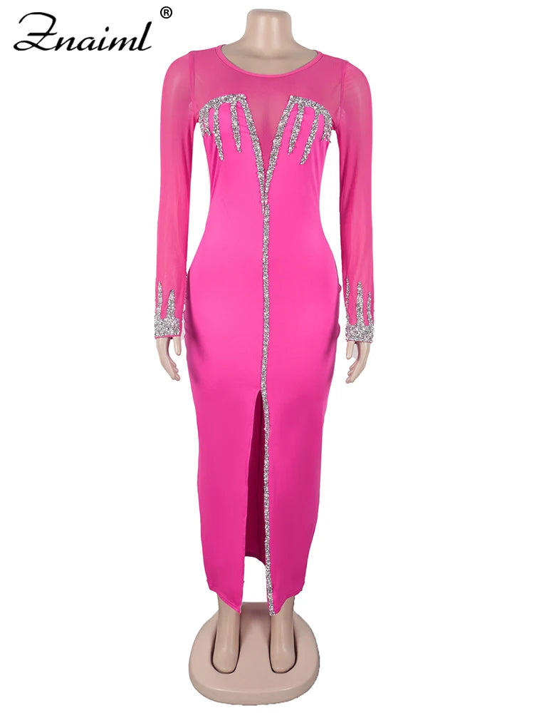 Znaiml Luxury Rhinestones Mesh Patchwork O-neck Pink Dress Women Sleeve Long High Split Birthday Party Evening Night Club Robe