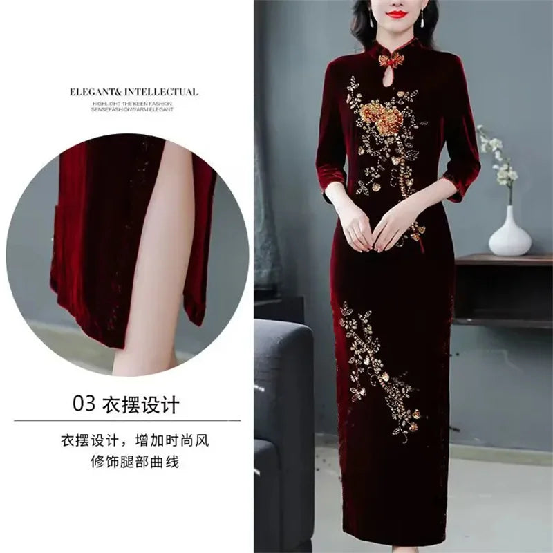 Spring Autumn Women New Embroidered Gold Velvet Cheongsam High-end Temperament Fashionable Wedding Dress Slim Bag Hip Slit Skirt