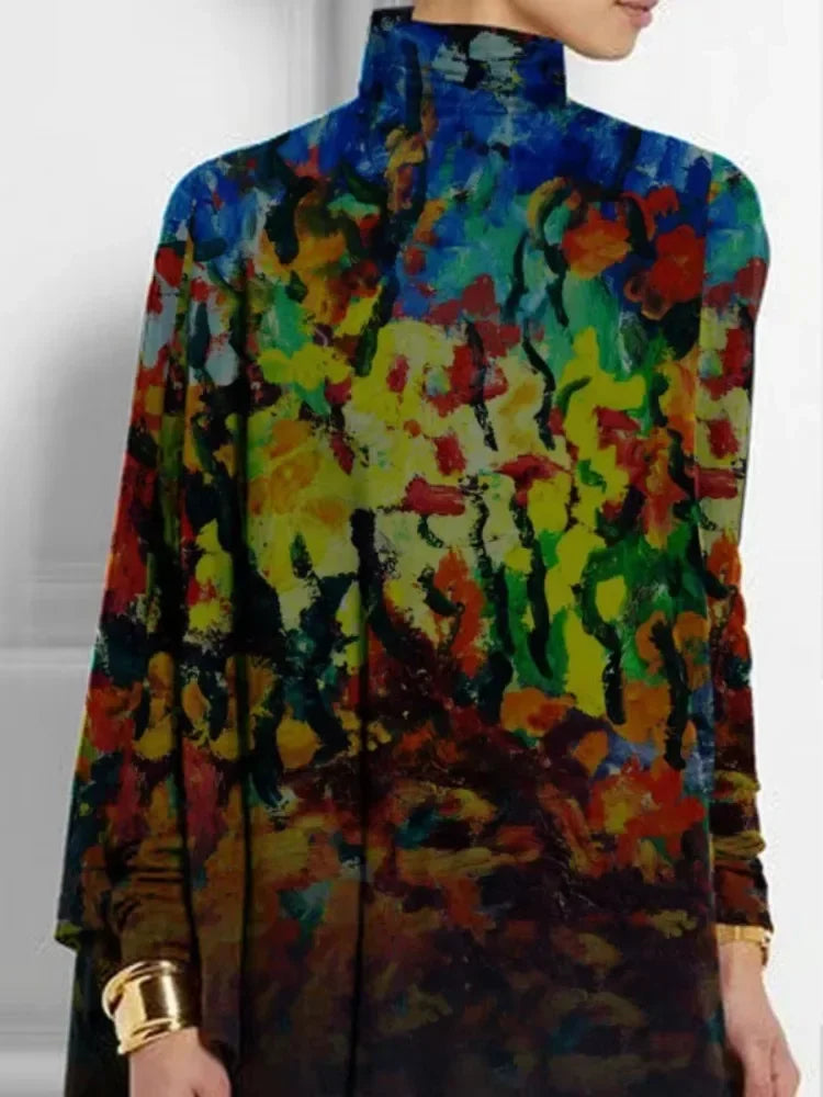 Female Asymmetric High Neck T-Shirts 2025 New Spring Long Batwing Sleeves Loose Vintage Printed Elegant Casual Tops