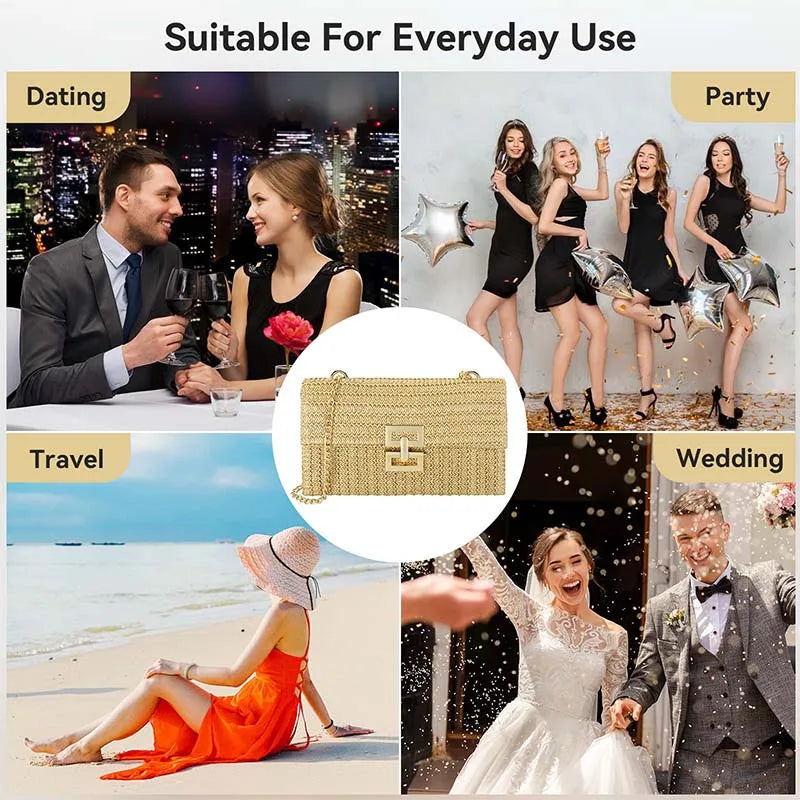 Straw Envelope Evening Party Handbag Fashion Women Weave Pattern Gold Clutch Messenger Purses Lady Daily Commuting Wallet Bags