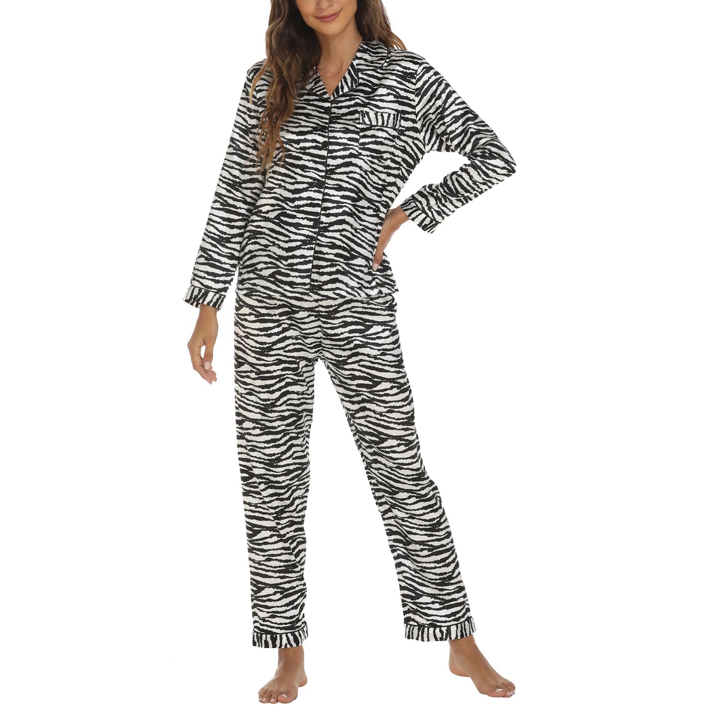 Women 2 Pieces Satin Pajamas Set Spring Autumn Long Sleeve Button Up Shirt and Casual Loose Elastic Pants Sleepwear Loungewear
