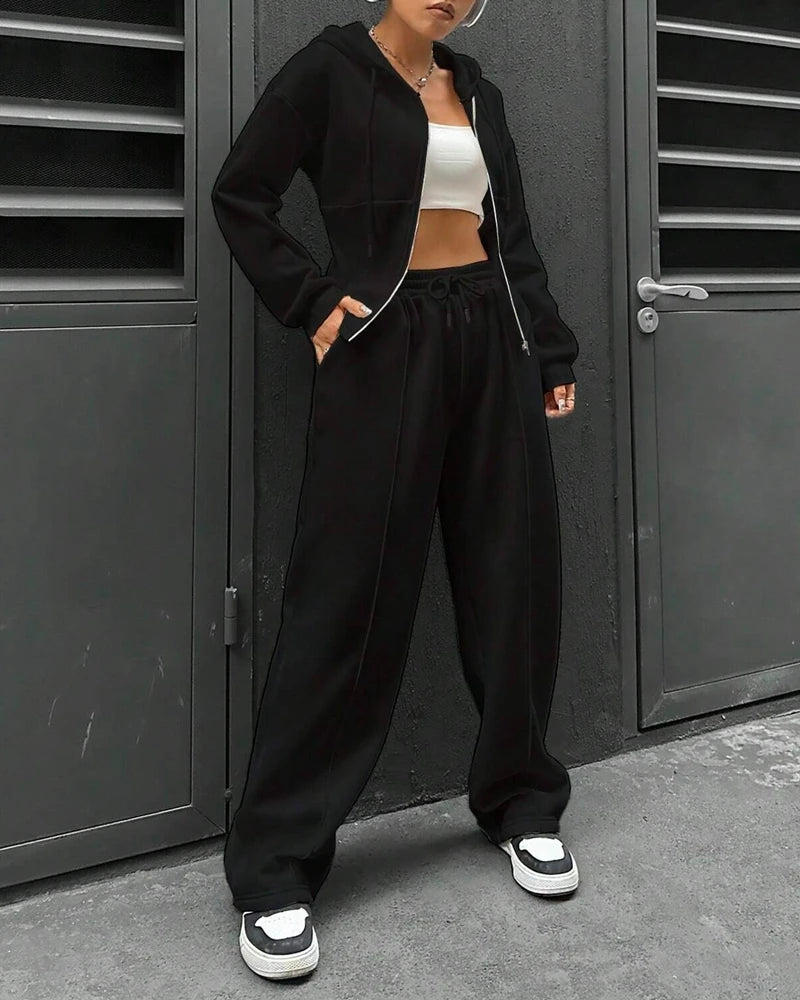 2 Pieces Pants Set Long Sleeve Zip Fly Slim Fit Hooded Top and Casual Wide Leg Pants Set
