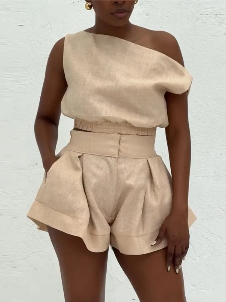 Joskaa Casual 2 Piece Sets Women Off Shoulder Sleeveless Shirt Tops and High Waist Wide Leg Shorts Matching 2025 Streetwear