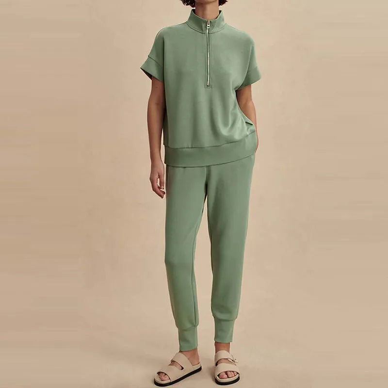 Casual Suit Fashion Zipper Loose Commuting Outfit Elegant Solid High Waist Set Summer Lady Stand Collar Short Sleeve Top + Pants