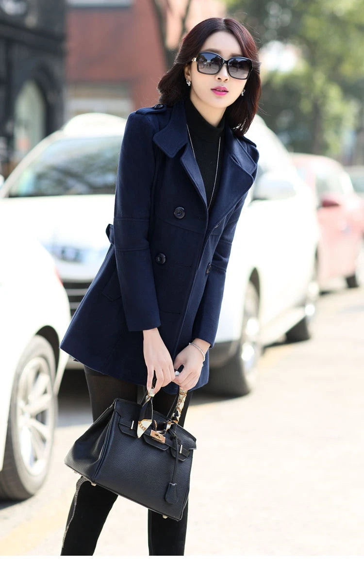 Autumn Winter Women Double Breasted Woolen Coat Solid Color Lapel Slim Fit Short Ladies Wool Jacket S-3XL