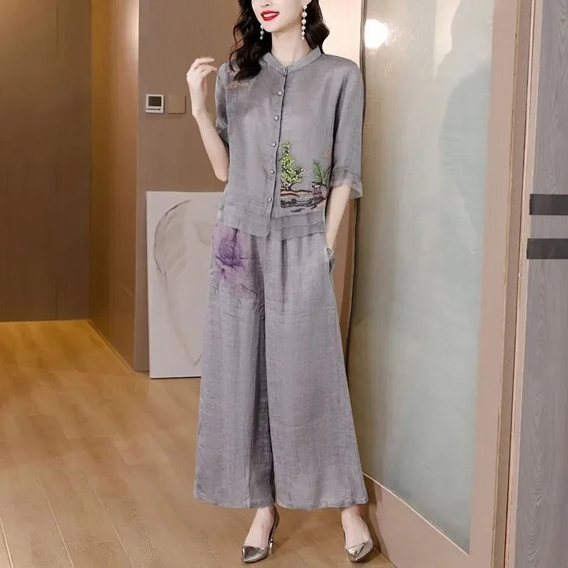 Grey Summer Art Embroidery Chinese Style Set Linen Western Style Summer Wide Leg Pants Casual Fashion Two piece Cotton Set XXXL